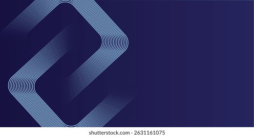 Abstract blue background with blue glowing diagonal geometric lines. Modern shiny blue rounded rectangle lines pattern. Minimalist graphic design. Futuristic technology concept. 
