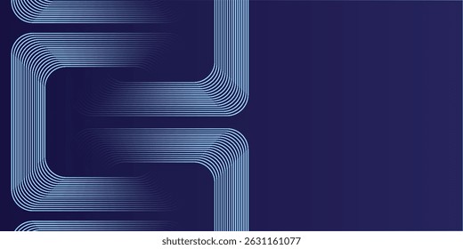 Abstract blue background with blue glowing diagonal geometric lines. Modern shiny blue rounded rectangle lines pattern. Minimalist graphic design. Futuristic technology concept. 
