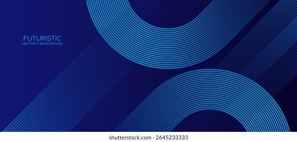 Abstract Blue background with blue glowing diagonal rounded lines. Modern shiny blue geometric lines pattern.