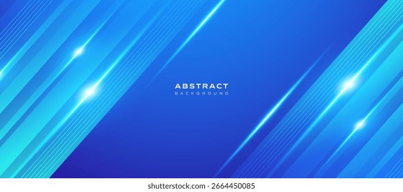Fundo azul abstrato com linhas diagonais brilhantes, para banner do site, capa, apresentação. Design moderno de vetor em layout horizontal com listras claras e efeitos de gradiente
