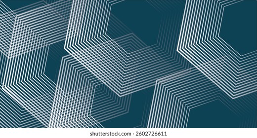 Abstract blue background with glowing geometric lines. Modern shiny white hexagon lines pattern. Technology futuristic concept. Suit for poster, banner, brochure, cover, flyer. 