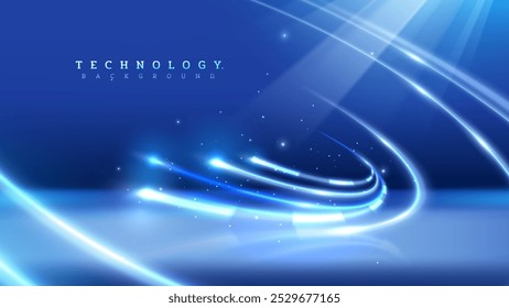 Fundo azul abstrato com linhas de luz brilhantes, design de estágio de tecnologia futurista para produtos, equipamentos de TI ou materiais publicitários de Internet de alta velocidade.