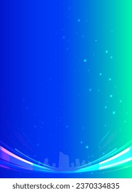 Abstract blue background with glowing lines and city skyline. 