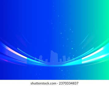 Abstract blue background with glowing lines and city skyline. 
