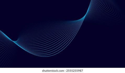 Abstract blue background with glowing wave lines on dark blue background. Dynamic wave pattern. Modern flowing wavy lines. Futuristic technology concept