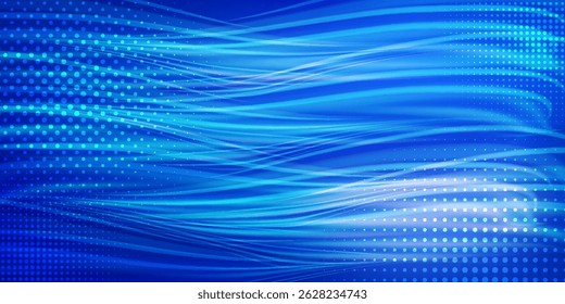 Abstract blue background with glowing wave lines and dotted halftone elements. Suitable for technology, digital presentations, and modern design projects