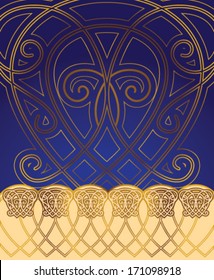 abstract blue background with gold swirls