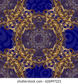 Abstract blue background with golden geometric ornament. Can be used for digital paper, textile print, page fill. Vector seamless pattern in Christmas traditional colors.