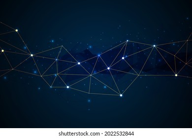 Abstract blue background of golden points and lines. Network or connection concept. Abstract technology science background