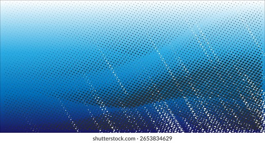 Fondo azul Abstractas con puntos de medio tono que forman ondas suaves y efectos de luz diagonales. Ideal para temas tecnológicos, modernos o digitales. Vector editable.
