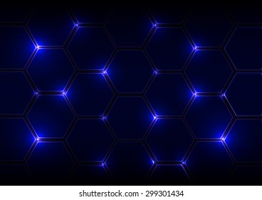 Abstract blue background with hexagons and light