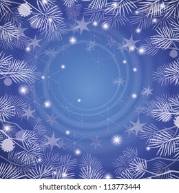 Abstract blue background for holiday design with stars, pine branches and helix. Eps10, contains transparencies. Vector