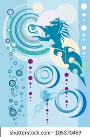 Abstract blue background with horses and circles
