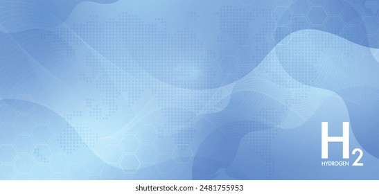 Abstract blue background hydrogen and H2 for sustainable environment. floating round elements and molecules with text H2 and Hydrogen energy. vector design.