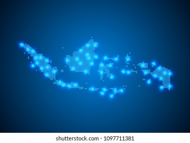 Abstract blue background with Indonesia map, internet line, connected points. Indonesia map with dot nodes. Global network connection concept. Wire frame 3D mesh polygonal network line. vector.