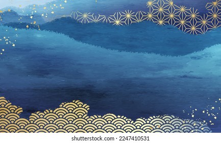 Abstract blue background with Japanese pattern.