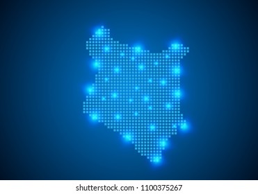 Abstract blue background with Kenya map, internet line, connected points. Kenya map with dot nodes. Global network connection concept. Wire frame 3D mesh polygonal network line. vector.