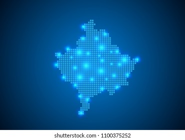 Abstract blue background with Kosovo map, internet line, connected points. Kosovo map with dot nodes. Global network connection concept. Wire frame 3D mesh polygonal network line. vector.