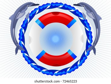 Abstract blue background. Lifebuoy is surrounded by ocean waves and two dolphins