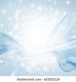 Abstract blue background with light, lines, sparks and stars. silk ribbons are curving and flying. Copyspace for your text. blurred and bokeh effect. vector illustration