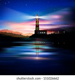 abstract blue background with lighthouse mountains and sunrise