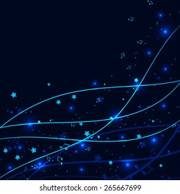 Abstract blue background with lines, stars and notes. Vector EPS 10