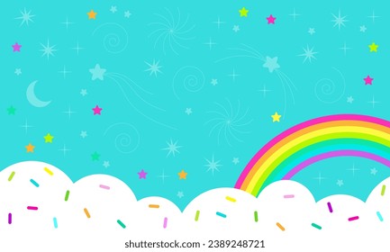 Abstract blue background with little stars and rainbow, hearts. Decoration banner themed Lol surprise doll girlish style. Invitation card template svg