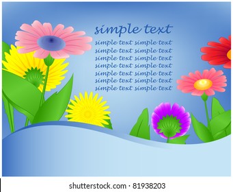 Abstract blue background with located on it bloomed with flowers and place for the inscription