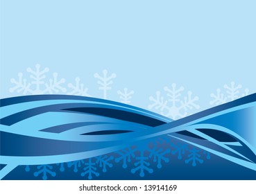 Abstract blue background made of curved lines and snow flakes