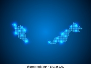 Abstract blue background with Malaysia map, internet line, connected points. Malaysia map with dot nodes. Global network connection concept. Wire frame 3D mesh polygonal network line. vector.