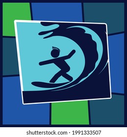 abstract blue background with a man on a surf board