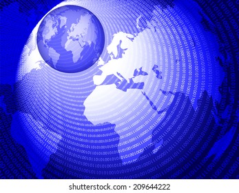 Abstract blue background with a map of the earth and binary code
