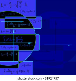 Abstract blue background with mathematical formulas and an arrow