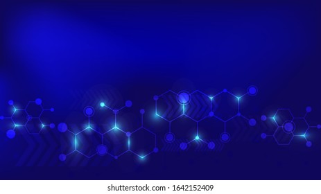 Abstract blue background of molecular structures. Molecules or DNA strand, innovation technology, science and medicine concept, genetic engineering, neural network, Technological, scientific research.