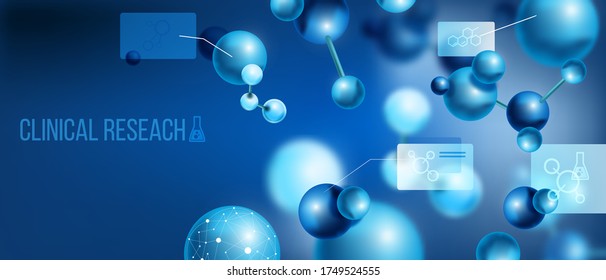Abstract blue background with molecules, core cells, copy space. Clinical research banner in 3D style. Chemistry medical concept with microscopic particles, scientific icons