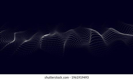 Abstract blue background of moving particles. Futuristic dotted 3D wave. Big data. Vector illustration.