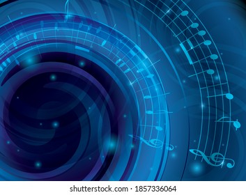 abstract blue background with musical notes and spirals - vector