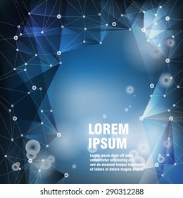 Abstract blue background. Network of lines circles and triangles.