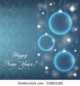 Abstract blue background with New Year's baubles, bright stars sparkle, glare, flash and shine. It can be used as an invitation, poster, banner, greeting the New Year, Christmas. Vector illustration.