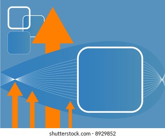 Abstract blue background with orange up arrows. Copy space for your own text or images.
