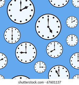 Abstract blue background with ornament of silhouettes a office clocks. Seamless pattern. Vector illustration.