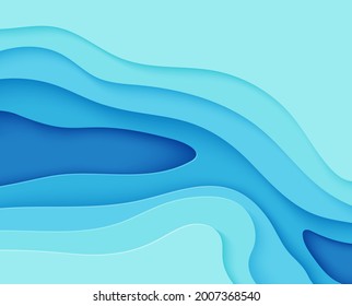 Abstract blue background in paper cut style. 3d layout wallpaper cut out from cardboard. Modern template with top view curve shapes. Vector environmental card with papercut waves for business poster