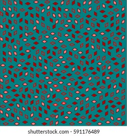 Abstract blue background with pink and red diamonds with a black rim randomly placed around the drawing