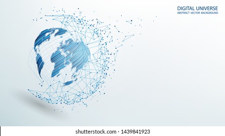 Abstract blue background. Planet Earth created by brush strokes. Vector. Sphere with the image of a geographical map. Global network of points and lines. Technology and communication. 