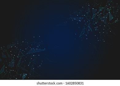 Abstract blue background. Polygonal  low poly wireframe illustration looks like stars in the blask night sky in spase or flying glass shards. Digital web, internet design