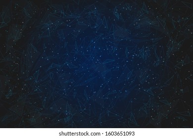 Abstract blue background. Polygonal  low poly wireframe illustration looks like stars in the blask night sky in spase or flying glass shards. Digital web, internet design