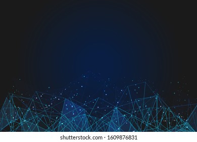 Abstract blue background. Polygonal  low poly wireframe illustration looks like stars in the blask night sky in spase or flying glass shards. Digital web, internet design
