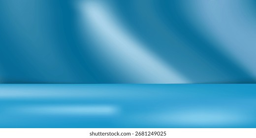 Fundo azul abstrato para apresentação do produto com luz solar e parede de sombras desfocada. Fundo de inverno.

