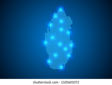 Abstract blue background with Qatar map, internet line, connected points. Qatar map with dot nodes. Global network connection concept. Wire frame 3D mesh polygonal network line. vector.