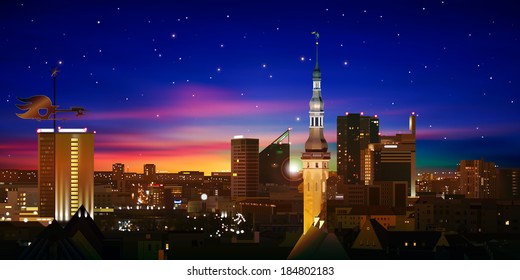 abstract blue background with red sunset and silhouette of city